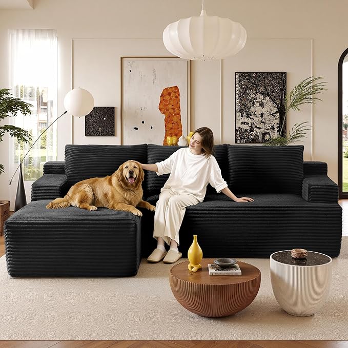 96" Sectional Couches for Living Room Cloud Couch Sofa with L-Shape Upholstered Boneless Couchs Modern Modular Sectional Couch with Chaise (Black, 96" W+Left Facing Chaise+2Seaters)