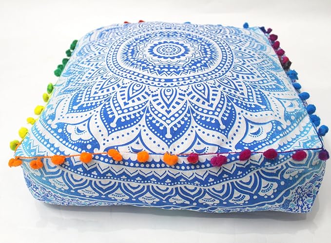 CRAFT KALA 24" Square Large Hippie Mandala Meditation Floor Ottoman Pillow Cushion Pouf Cover Square Poufs Bohemian Circle Floor Cushion Case Outdoor Fireplace Yoga Living Room Decor Cover Blue Ombre