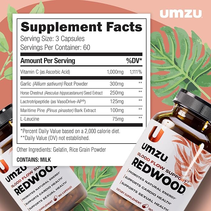 UMZU Redwood Nitric Oxide Booster, 3-Month Supply – Nitric Oxide Supplement with Vitamin C, Garlic & Horse Chestnut – Supports Healthy Circulation, Blood Flow, Energy, Stamina and Daily Vitality