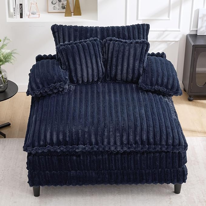 54.8" W Oversized Chaise Lounge Chair Indoor with 5-Position Adjustable Backrest, Plush Sleeper Sofa Bed with Pillows, Upholstered Cloud Couch Chair for Living Room, Study Room, Navy Blue