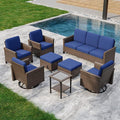 COOS BAY Harbor Retreat 8 Piece Outdoor Furniture Set, Patio Conversation Set with Swivel Rocking Chairs, Patio Chairs, Couch, Side Table and Ottomans, Wicker Furniture, Brown/Blue