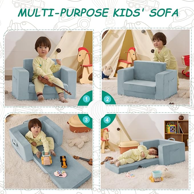 Kids Couch, 2-in-1 Toddler Chair Comfy 1-3 Years, Convertible Kids Chair, Toddler Couch That Fold Out, Kid Lounge Chairs for Boys and Girls, Soft Coral Fleece, Blue