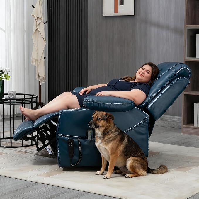 Oversized Power Lift Recliner Chair 400 LBS for Big and Tall, 25" Extra Wide Electirc Recliner Chair Living Room Sofa with Massage and Heating, Dual Motor Leather Home Theater Seat,Blue