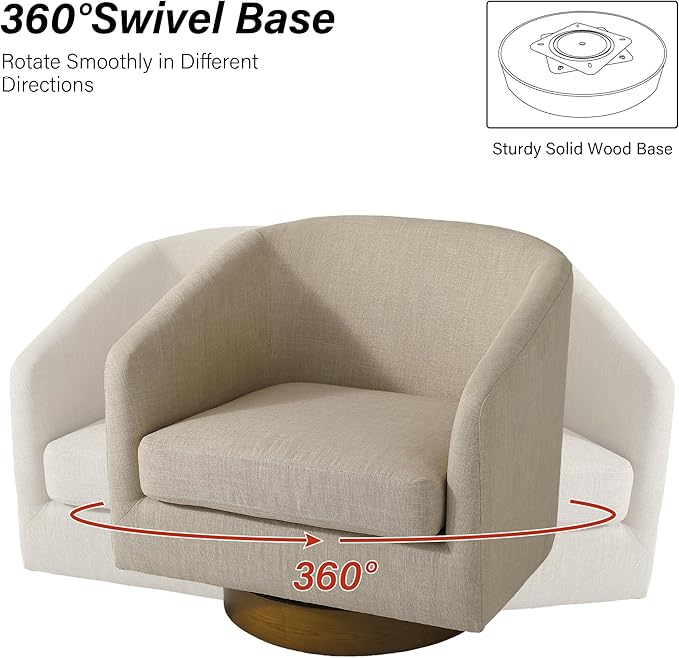 Swivel Barrel Chair, Modern Round PU Leather Accent Armchair for Living Room, Bedroom, Oversized Comfy Club Reading Chairs for Adults (Fabric Light Brown, Set of 1)