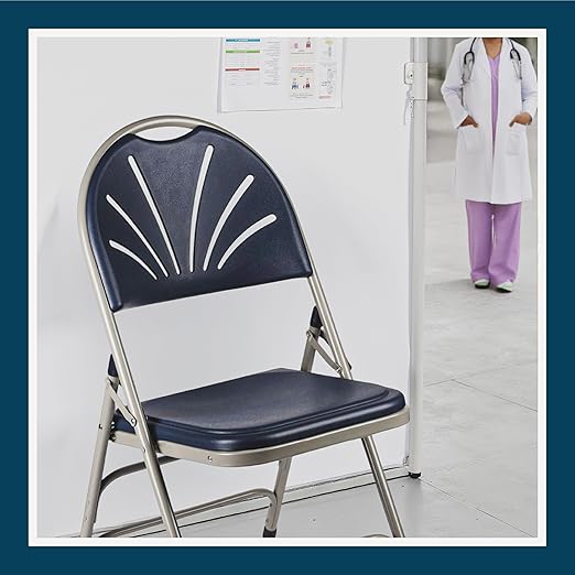 OEF Furnishings OEF1100 Series Premium Heavy-Duty Plastic Folding Chairs, Commercial Fanback Event Chairs with Triple Brace and 500 lb Capacity (4-Pack, Navy Plastic with Gray Frame)