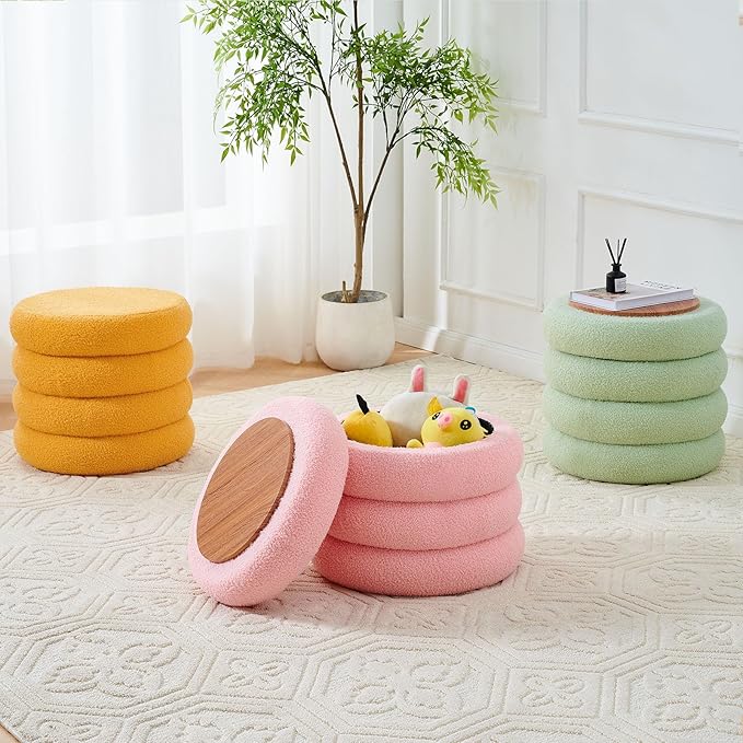 Wimarsbon Round Storage Ottoman, Modern Sherpa Footstool, Teddy Vanity Stool with Flip-Top Tray, Makeup Chair for Home Decor, Upholstered Footrest for Living Room & Bedroom (Pink L)