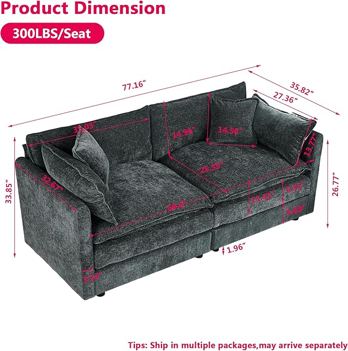 Aoowow Modular Sectional Sofa Modern Convertible Loveseat Couch,77.16 Inch Deep 2-Seater Sofas Comfy Chenille Cloud Sofas and Couches with Pillows for Living Room Apartment（Grey）
