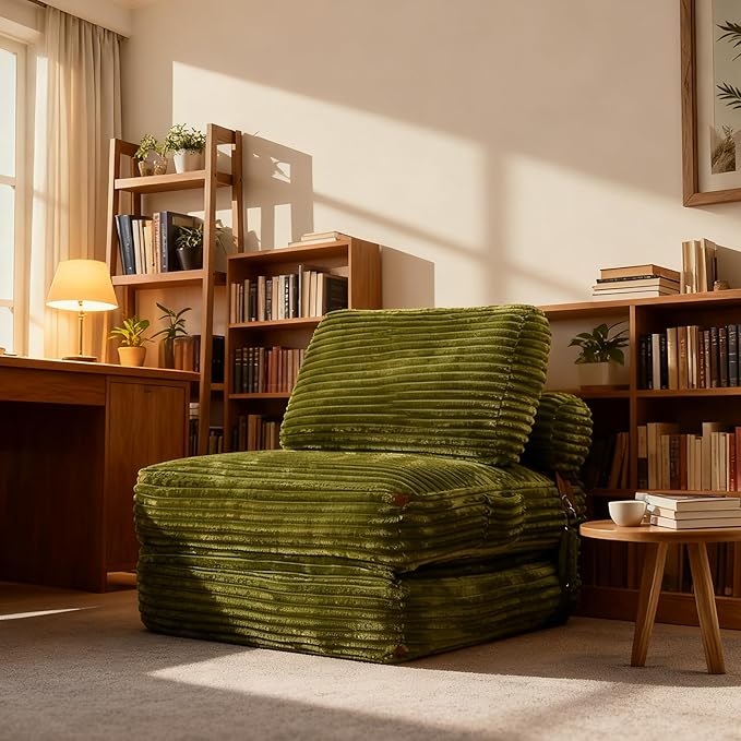 75''Foldable Sofa Bed,Green Convertible Folding Sleeper Chair Bed,Foldable Single Sofa Foam Filling Couch with Pillow, Comfy Corduroy Lazy Floor Sofa for Small Room Living Room Bedroom Apartment