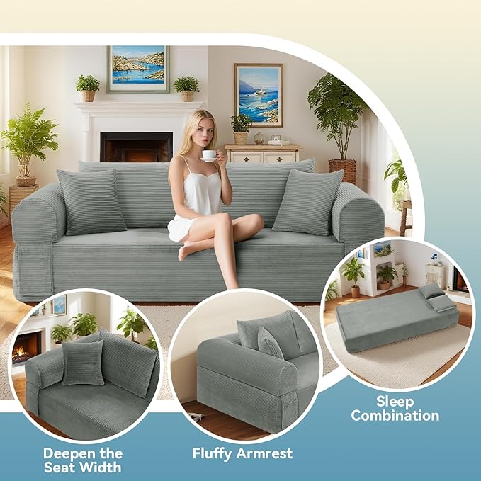 GJQ Convertible Floor Sofa Bed,83" 3 Seater Couch with Pillow Back & Storage Pockets,Corduroy Boneless Couch for Living Room,Compressed Sofa in a Box No Assembly,Light Gray