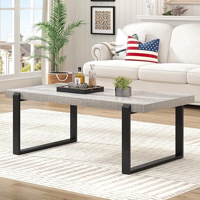 FOLUBAN Modern Coffee Table, Rustic Wood and Metal Center Table, Rectangle Cocktail Tea Table for Living Room, Light Grey, 47 Inch