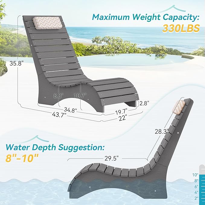 Homenjoy Pool Lounge Chairs Set of 2, Use in Pools Lounge Chairs up to 10-Inches of Water, Chaise Chairs with Headrest, Lounge Chair Outdoor, Fade-Resistant Pool Lounger for Deck
