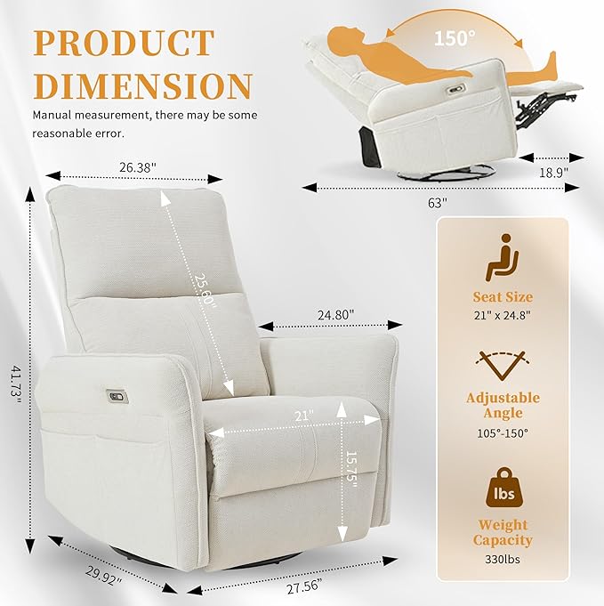 QKFF Power Swivel Rocker Recliner Chair for Nursery, Upholstered Snowflake Velvet 270°Swivel Glider Rocker Chair with USB Ports, Small Power Recliners for Small Spaces Living Room