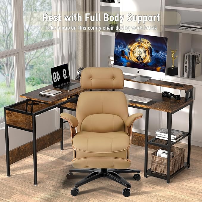 Genuine Leather Office Chair with Electric Reclining, Footrest, Lifting and Massage Function, 350lbs Capacity Ergonomic Executive Chair with Alu Base and 360° Wheels for Home Living Room
