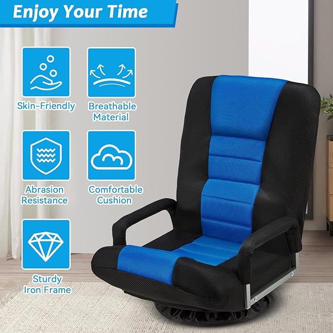 360 Rotating Swivel Gaming Chair w/6 Adjustable Positions Backrest Foldable Floor Chairs Suitable for Reading, Relaxing, Mediation,Blue