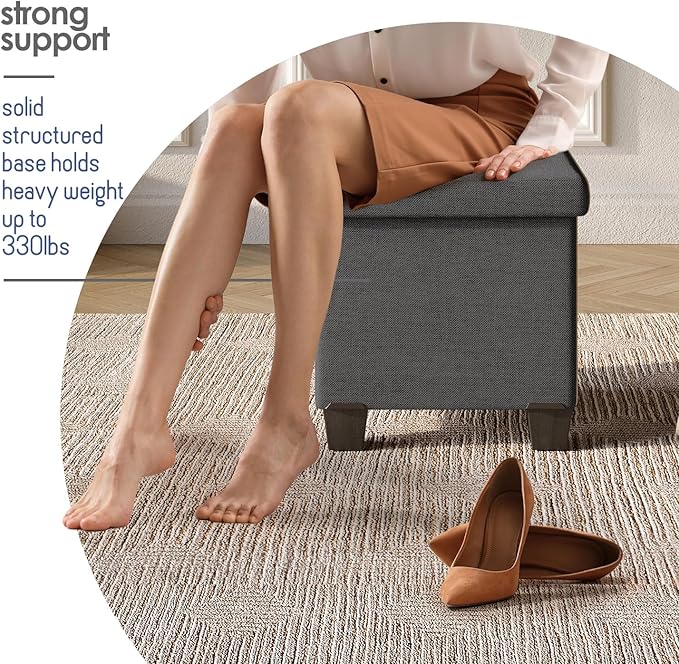Storage Ottoman Cube with Small Bin, 16-in Square Ottoman with Storage for Living Room and Bedroom, Small Ottomans Foot Rest, Fabric Foot Stools Ottomans Max 330lbs, Grey