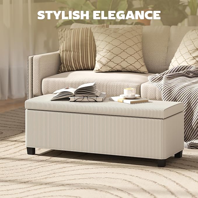 HOMCOM 44 Inches Storage Ottoman Bench, Foot Rest with Removable Lid, Legs, End of Bed Bench, Corduroy Storage Chest, Padded Seat, for Living Room, Bedroom, Entryway, Beige
