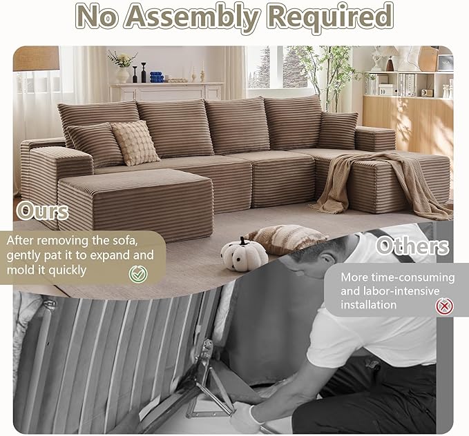 Lakifun 135" U-Shape Cloud Couch, Modern Modular Sectional Comfy L-Shape Sofa with Ottoman, Deep Seat, Upholstered Corduroy Sleeper Chaise Longue for Living Room Bedroom, No Assembly Required, Camel