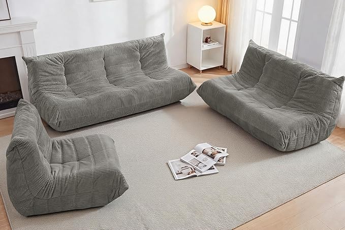 Bean Bag Chair,Giant Beanbag Chairs for Adults,Comfy Large Fireside Chair Lazy Sofa,Corduroy Bean Bag Lounger with Memory Foam Filled,Floor Sofa Couch for Living Room (Light Grey, 3-Seater)