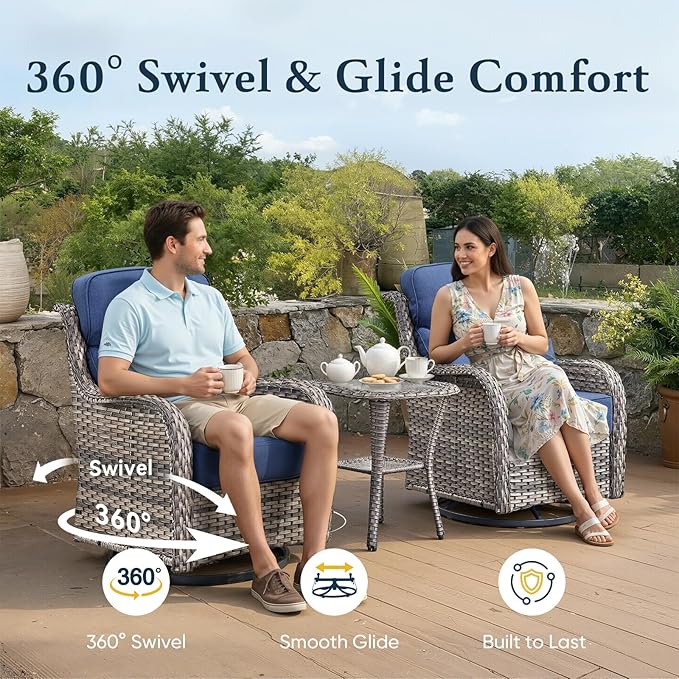 Belord Luxury 6" Thick Cushioned 5 Pieces Patio Furniture Set with Fire Pit Table, Wicker Outdoor Conversation Set with High Back Swivel Rocker Chairs for Deck Porch Yard and Poolside - Grey+Blue
