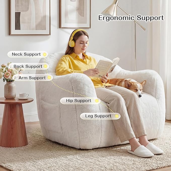 Homkdom Bean Bag Chair, Giant Bean Bag Chair for Adults, Shell-Shaped Bean Bag Couch with Armrests & Side Pockets, Comfy Beanbag Lazy Couch Reading Chair for Bedroom, Living Room, Beige