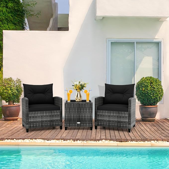 RELAX4LIFE 3 Piece Patio Furniture Set, Wicker Bistro Conversation Set w/2 Cushioned Armchairs & Glass Topped Table, Outdoor Rattan Sofa Set Patio Furniture for Porch Balcony Poolside (Grey-Black)