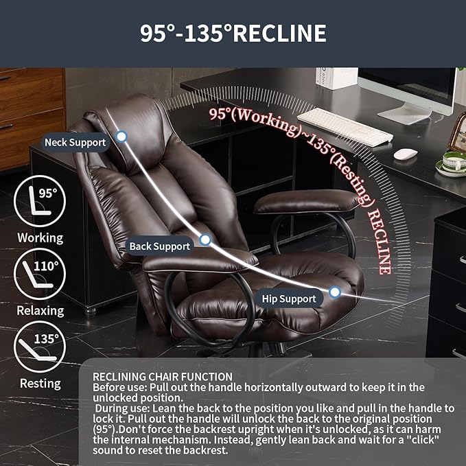 ATMILD Office Chair Big and Tall, High Back Ergonomic Office Chair with Padded Armrest, 400 lbs,PU Leather (Dark Brown)