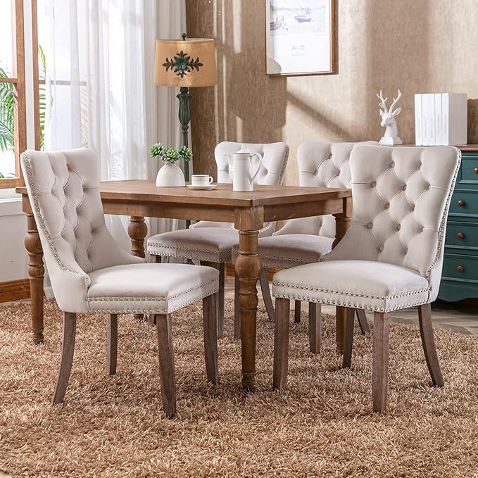 YeahFurn Beige Mid Century Modern Dining Chairs Set of 2, Velvet Upholstered Kitchen & Dining Room Chairs with Nailhead Trim & Solid Wood Legs, Elegant Sillas De Comedor (Beige, 2 Pcs)