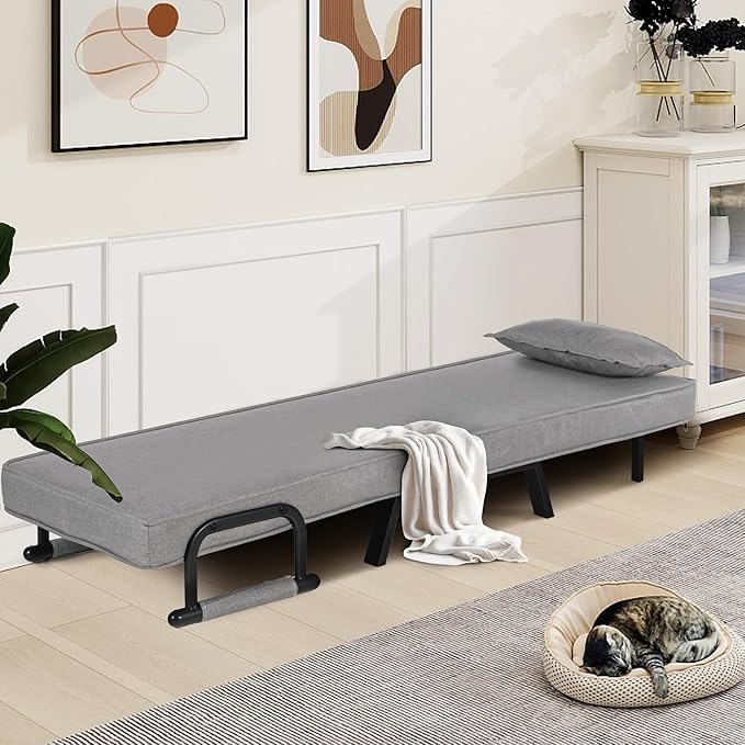 TYBOATLE Folding Chair Bed, Comfy Convertible Sleeper Sofa, 5 in 1 Folding Bed with 5-Position Adjustable Backrest & Pillow, Floor Single Chairs, Cozy Futon Chair for Small Spaces, Office (Light Grey)