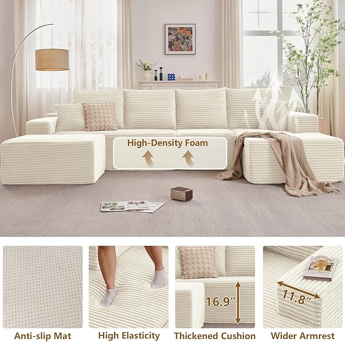 Lakifun 135" U-Shape Cloud Couch, Modern Modular Sectional Comfy L-Shape Sofa with Ottoman, Deep Seat, Upholstered Corduroy Sleeper Chaise Longue for Living Room Bedroom, No Assembly Required, White