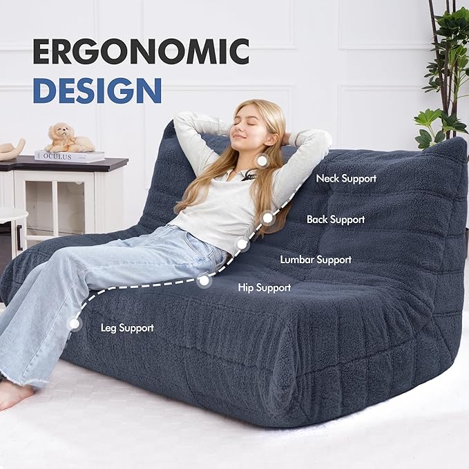 Bean Bag Loveseat Chair Big Sofa Beanbag Chair for Adults Fireside Chair Bean Bag Lounger with Memory Foam Filled for Home,Apartment or Gaming Venue（Blue Teddy）