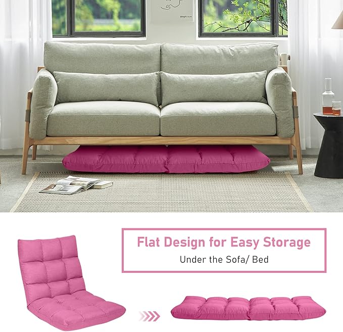 COSTWAY Floor Chair, Folding Gaming Chair with Back Support, 14 Adjustable Positions, Alloy Steel Frame, Lazy Sofa Lounge for Playing Reading Meditating Room Recliner for Adults, Kids (Pink)