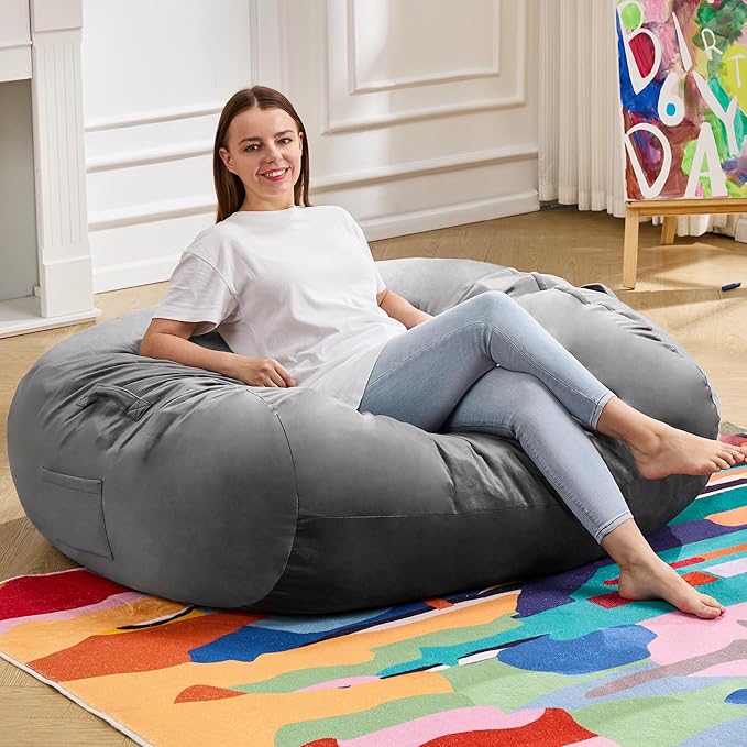 Hobestluk 3FT Bean Bag Chair Large Beanbag with Removable Cover Adult Bean Bag Chair with Portable Handle Desgin for Living Room Bedroom (Grey, 3FT)