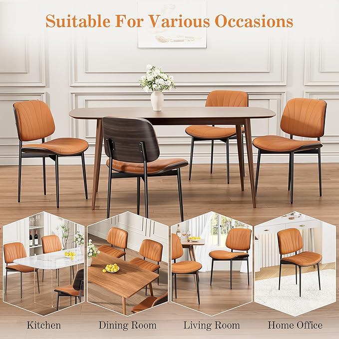 Dining Chairs Set of 6, Mid-Century Modern Upholstered PU Leather Chairs with Walnut Back and Metal Legs Adjustable Feet for Kitchen Dining Room, Orange Shell Strips