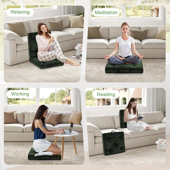 PRIMEPATIO Square Floor Pillow for Adults, Tufted Floor Cushion for Sitting, Large Meditation Cushion, Thick Corduroy Seat with Handle, Tatami Seating for Yoga, 24x24 Inch Green, 2Pack
