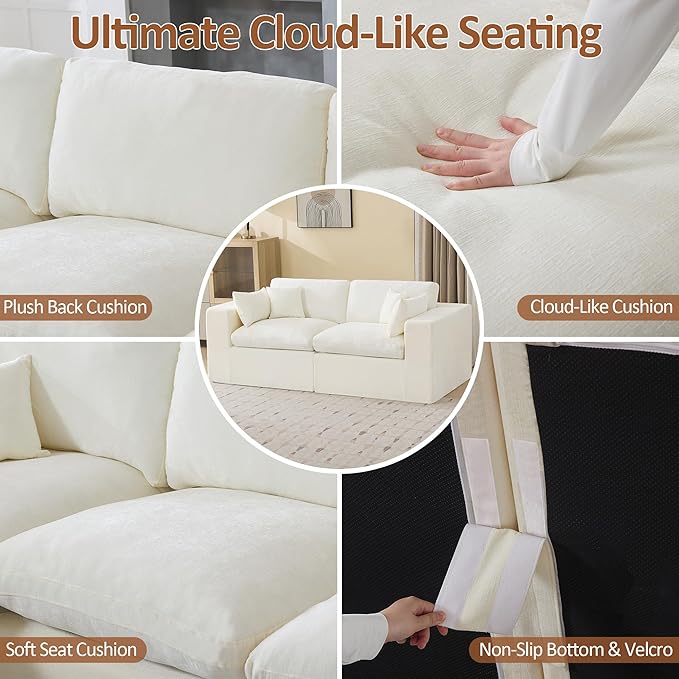 88''Cloud Boneless Sectional Couch, Modular Sectional Sofa Deep Seat, Upholstered Convertible Comfy Loveseat Chenille Memory Foam Sofa Couches for Living Room, Beige