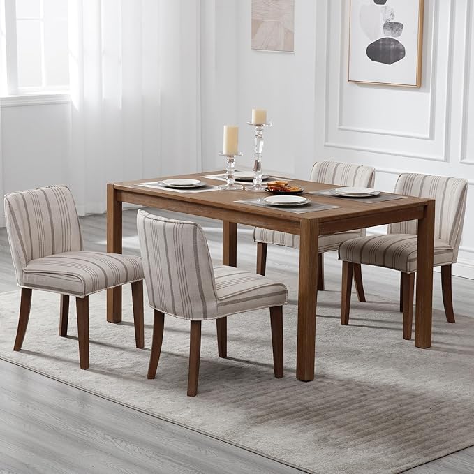 chairus Farmhouse Dining Chairs Set of 4, Upholstered Comfy Dining Room Chairs Linen Fabric Walnut Brown Wood Kitchen Chairs for Dining Table, Living Room, Kitchen, Khaki Stripe