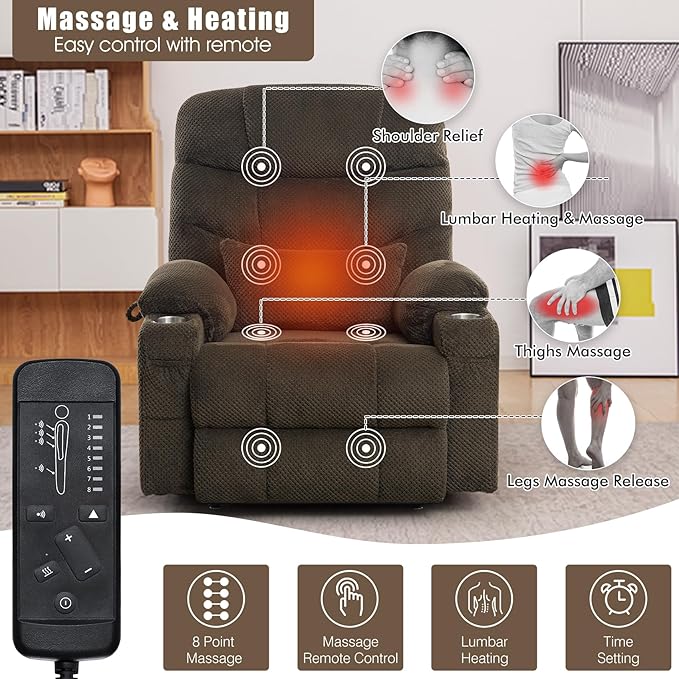 CDCASA Oversized Dual Motor Lay Flat Power Lift Recliner Chair with Massage, Heating, Textile Infinite Position Large Recliner Chairs for Big & Elderly People, USB & Type-C Ports, Brown