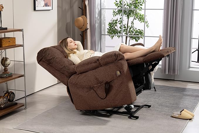 Comfortable Lifting Recliner Chair for Seniors, Power Lift Recliner Chair with Heat and Massage, Zero Gravity Lay Flat Recliner with Cup Holder for Elderly Big and Tall Men 400lbs, Brown