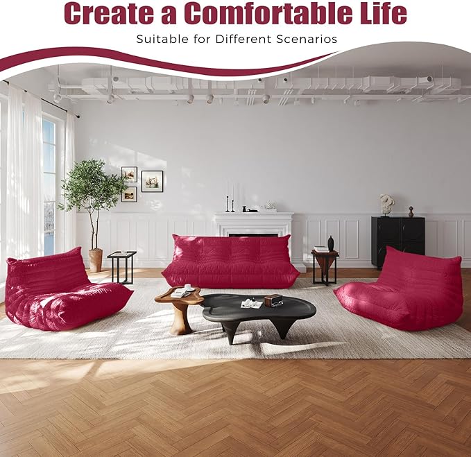 Selyteramy Bean Bag Chairs for Adults, Giant Bean Bag Chair Sofa with Memory Foam, Comfy Beanbag Loveseat Lazy Sofa for Living Room, Bedroom, Apartment, Red