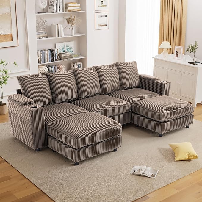 110" W x 60" D U Shape Sectional Sofa with USB Charging & Cup Holder & Storage, 5 Seater Plush Corduroy Couches with Movable Ottoman, Cloud Couch Sofas for Living Room, DIY Combination - Brown