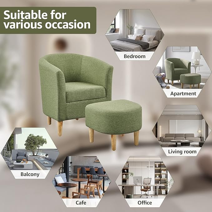 DAZONE Accent Chairs Set of 2 Mid Century Modern Chair with Ottoman Comfy Armchair Footrest Set Comfortable Living Room Chairs Upholstered Barrel Club Tub Sofa Chair for Bedroom Reading Room Green
