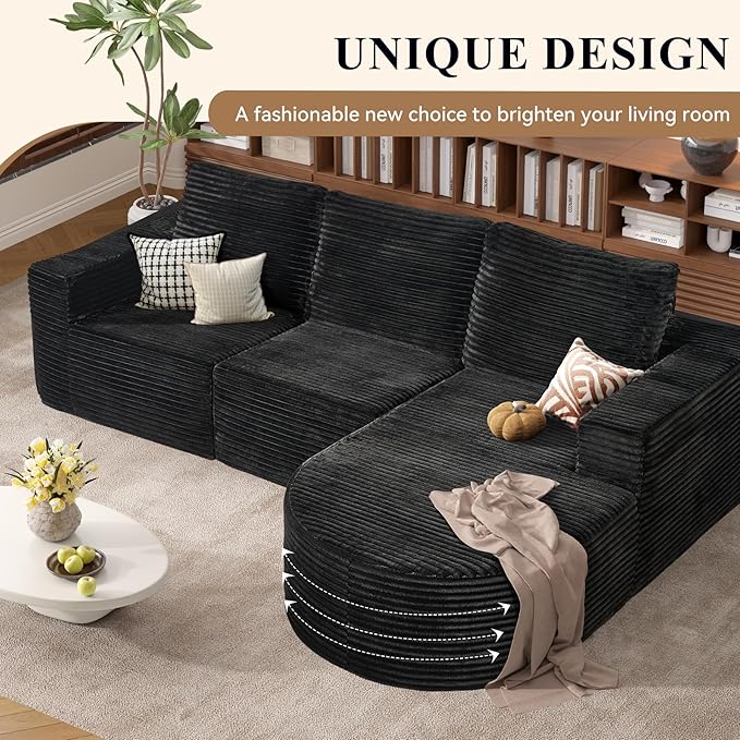Modular Sectional Sofa with L-Shape Chaise,Cloud Sectional Modern Sleeper Couch with Deep Seat,Sponge Compression Sofas No Assembly Required (Black-Corduroy Fabric) 1PCS