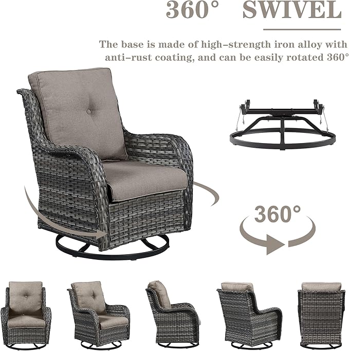 Belord 3 PCS Patio Furniture Set - Mixed Grey Wicker Swivel Rocking Chair Set with Side Table