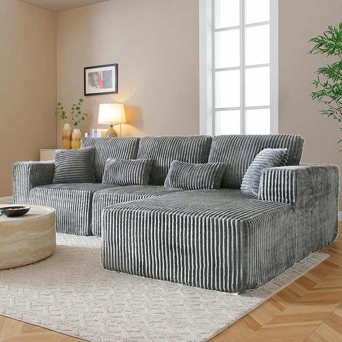 108" Boneless Cloud Sectional Couches for Living Room, Comfy Fluffy L Shaped Memory Foam Deep Seat Boneless Couch, Modular Sectional Sofa with Right Facing Chaise, Dark Grey