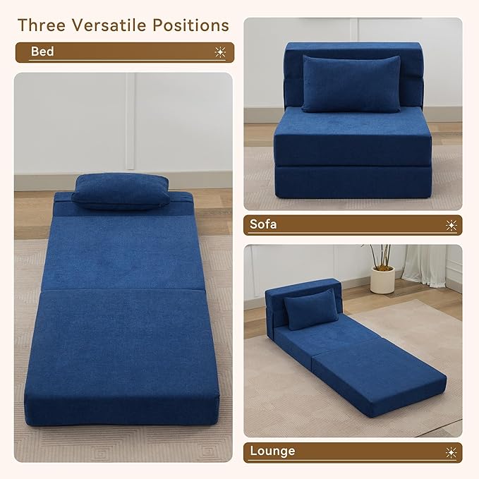 Folding Sofa Bed Convertible Floor Couch Foldable Chair Bed with Pillow，Linen Sleeper Chair Futon,Foldable Memory Foam Mattress for Bedroom/Living Room/Dorm/Office (Navy, Single)