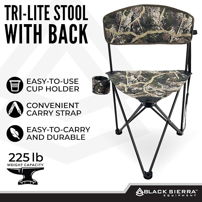 Black Sierra Tri-Lite Stool w/Back, Lightweight Portable Fishing Chair w/Cupholder and Carry Strap, Supports 225-Lb, Portable Outdoor Chair for Hunting, Camping, Travel, Hiking