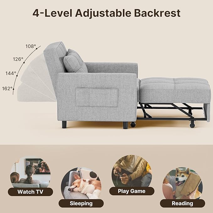 Gizoon Sofa Bed Chair 3 in 1 Convertible, Pullout Single Sleeper Chair Bed with Adjustable Backrest, Spacious Multifunctional Sofa Couches for Living Room, Bedroom, Apartment