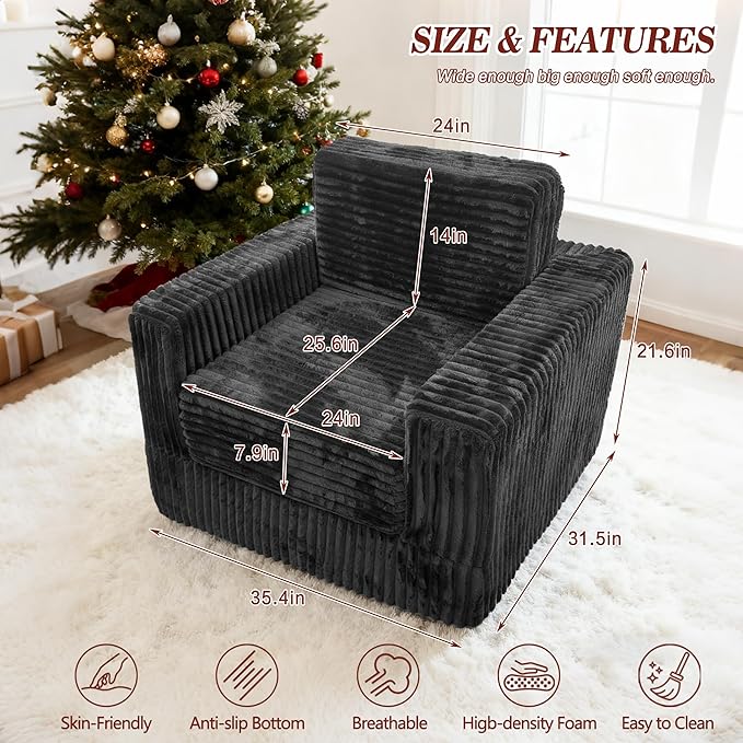 Segreto Lazy Floor Sofa for Adult Plush Lounger Armrest Bean Bag Chairs with Memory Foam Filler Ultra Soft Fluffy Large BeanBag Chair for Living Room Dorm Bedroom,Dark Grey