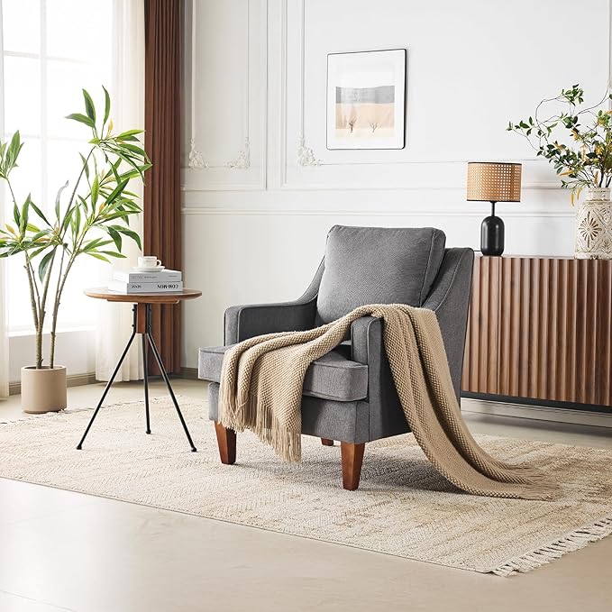VINGLI Mid-Century Modern Accent Chairs Set of 2, Light Grey Upholstered Armchair Comfy Sofa Chairs Reading Chair High Back for Living Room Bedroom Furniture Apartment