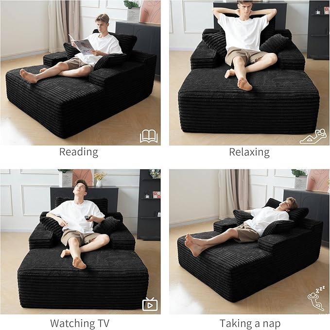 WJShome Oversized Chaise Lounge Chair Indoor, Plush Corduroy Boneless Sofa Bed, Cloud Reading Chair with Throw Pillow for Living Room (Black)
